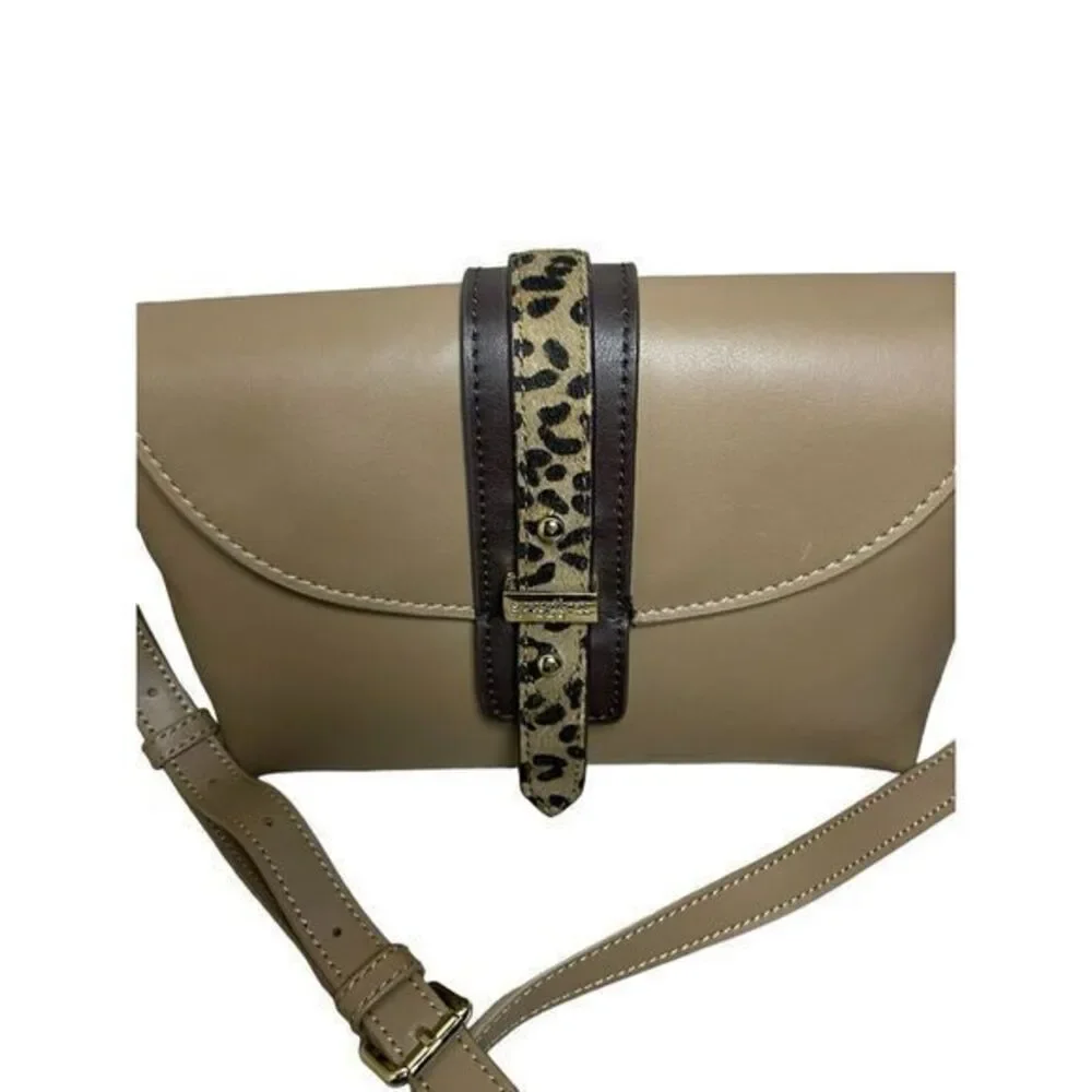 Spartina 449 Taupe Leather Hipster Crossbody Bag With Leopard Calf Hair Buckle‎